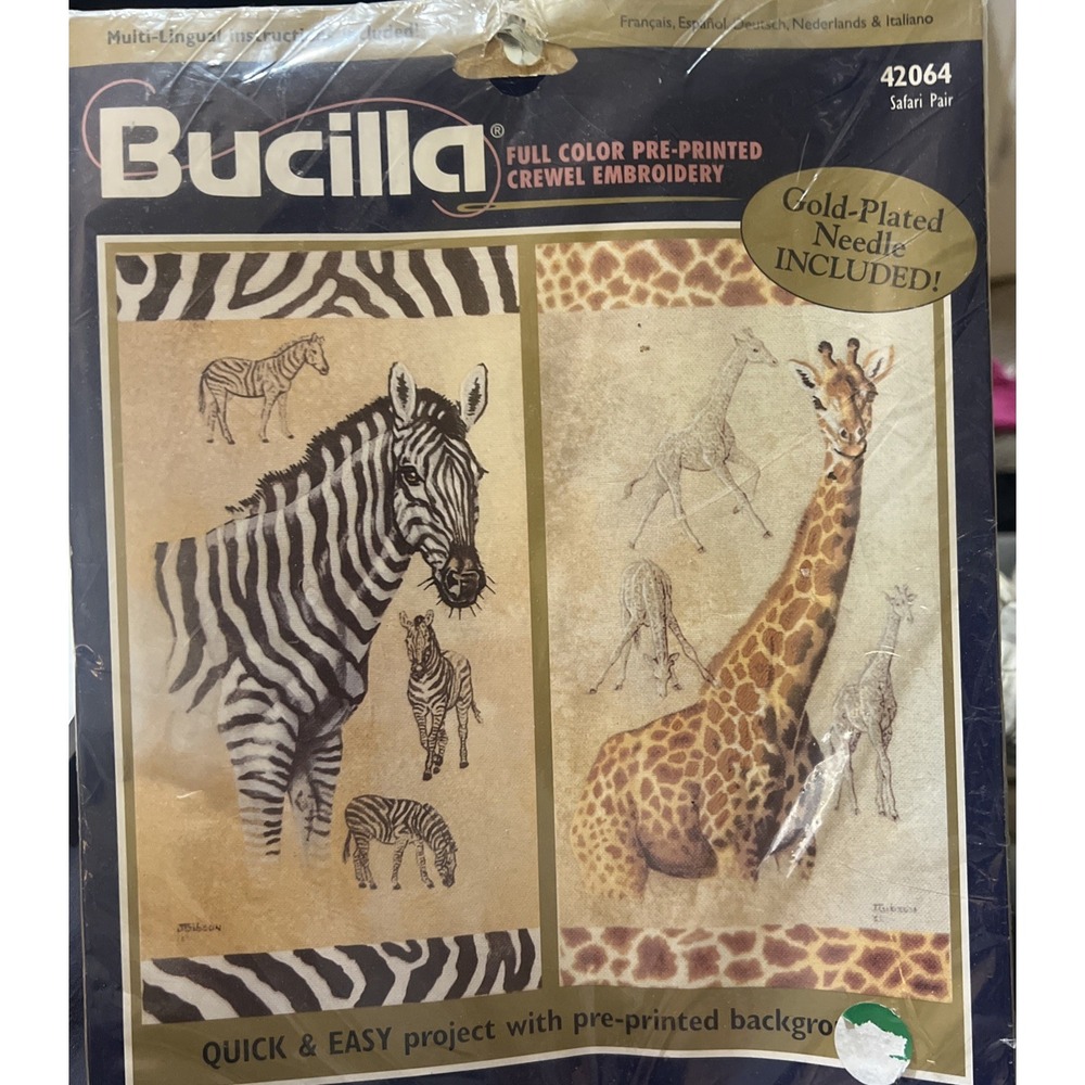 Bucilla Safari Pair #42064 Crewel Embroidery Zebra Giraffe Pre-Printed Vtg 1998